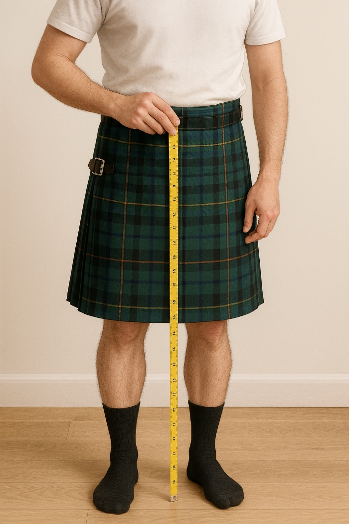 man wearing kilt measuring length front