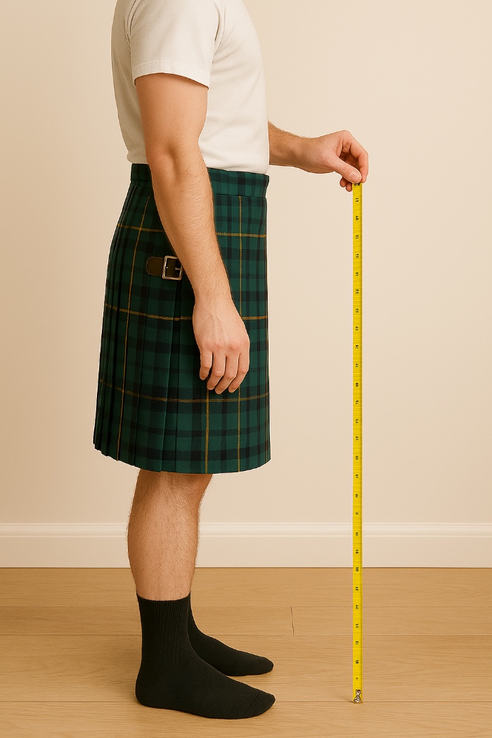 man wearing kilt measuring length side 